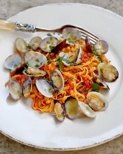 Spaghetti with Clams in Toasted Almond Roasted Red Pepper Pesto Recipe - Bramasole Olive Oil